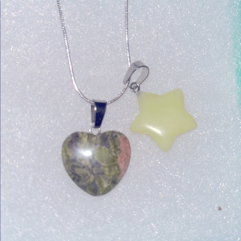 Unakite Heart ❤️ and Serpentine Star ⭐️ Sterling Silver Necklace
